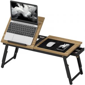 Table de lit pliable et réglable, plateau de lit pour ordinateur portable en bambou - plateau inclinable, tiroir, chêne