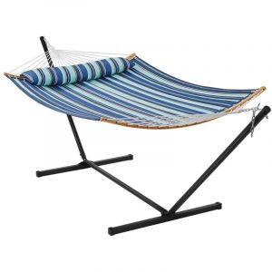 Yaheetech Hamac avec Support en M&eacute;tal Hamac sur Pied pour 2 Personnes Toile avec Barre Oreiller Sac de Transport pour Ext&eacute;rieur Int&eacute;rieur Jardin