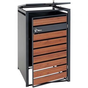Abris poubelle vérouillable pour une poubelle ou deux poubelles métal anthracite aspect bois de cerisier marron foncé 040007003