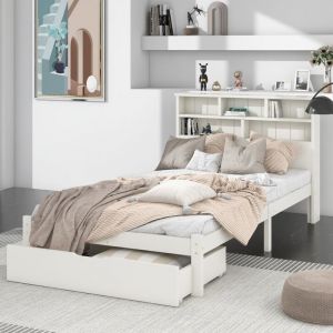 Lits à tiroirs 90x200 cm avec 1 tiroir, lits simples pour adultes/enfants, tête de lit avec compartiments de rangement, bois, sans matelas, blanc