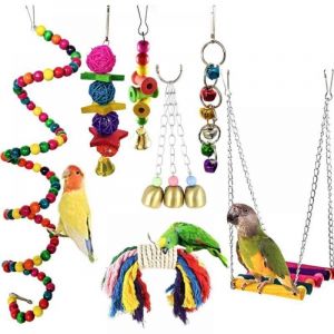 Lot de 7 jouets pour cage &agrave; perroquets, perchoir en bois &agrave; m&acirc;cher pour conures, calopsittes, aras, perroquets et oiseaux mignons