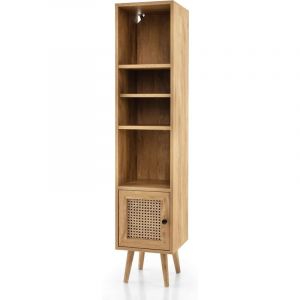 Costway - Meuble Colonne de Rangement avec Porte Rotin et Pieds en Bois Massif, Meuble de Salle de Bain Étagère Réglable, Style Bohème, pour Salon,