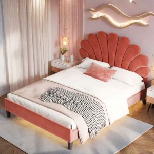 Lit double capitonné 140x190 cm, tissu velours, avec sommier à latte, tête de lit en forme de fleur, lit adulte style scandinave - rouge