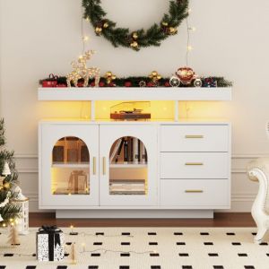 Meuble-bar/caf&eacute; avec &eacute;clairage LED 16 couleurs - Lait brillant blanc - Buffet salon/salle &agrave; manger &agrave; tiroirs - Moderne 120x40x80cm