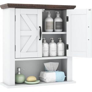 COSTWAY Armoire Murale Salle de Bain, Meuble WC Suspendu avec 2 Portes, &Eacute;tag&egrave;re R&eacute;glable, Compartiment Ouvert, Style Ferme, Placard de Rangement pour