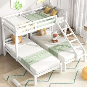 Lit superposé 90x200cm lit triple enfant avec échelle latérale et sommier à lattes en bois, blanc, sans matelas