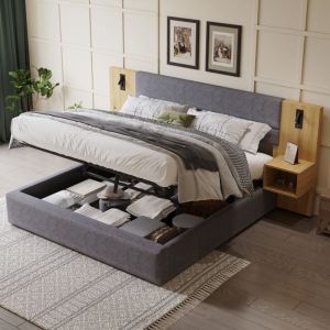 Lit coffre 180X200 cm lit adulte rembourr&eacute; avec t&ecirc;te de lit, port USB, &eacute;clairage lampe, deux tables de chevet et sommier &agrave; lattes en bois, en velours
