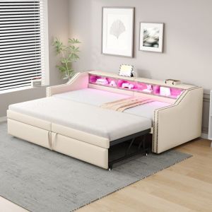 Canap&eacute;-lit gain de place avec lit escamotable Lit Simple 90/180x200cm. Rangement, LED, USB, sommier lattes, beige (sans Matelas)