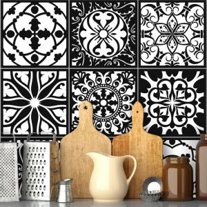 Ambiance-sticker - Sticker Mural Carrelage adhésif Cuisine Salle de Bain - 9 stickers carrelages azulejos baroque nuance blanc et noir