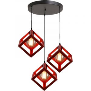 Lustre Suspension LED 3 Lampe Cube Carr&eacute; en M&eacute;tal Luminaire Design Industrielle Eclairage Plafond Lumiaire Salon Cuisine Couloir Rouge