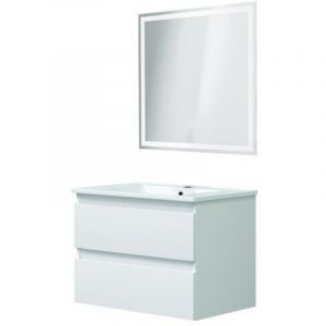 ONDEE ZEN - Meuble salle de bain &agrave; suspendre LILA - 60cm - 2 Tiroirs - Blanc - Miroir LED LAURA