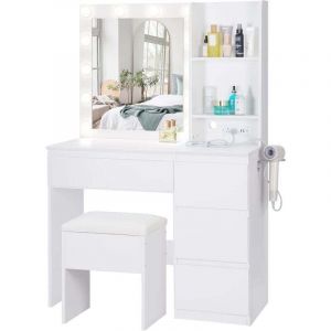 Coiffeuse avec Miroir LED et Tabouret, Table de Maquillage avec 5 tiroirs et Prises de Courant, Support pour s&egrave;che-Cheveux, Coiffeuse Blanche de