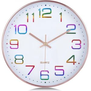 Horloge Murale Chiffres 3D Multicolore, Silencieuse Moderne 30cm Pendule Murale Or Rose, Facile &agrave; Lire sans Tic-tac D&eacute;co pour Cuisine Salon