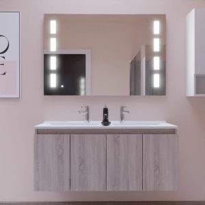 Cuisibane - Meuble proline 120 cm avec plan double vasque et miroir Prestige- Bois- Plan vasque en Résine
