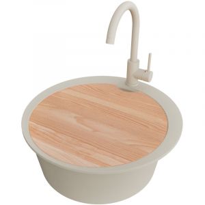 PRIMAGRAN Evier cuisine Granit Rond 53x53cm,Evier 1 bac + Robinet 32x20cm + Kit de Vidage + Planche &agrave; D&eacute;couper, Lavabo Cuisine au meuble 50cm - Pise