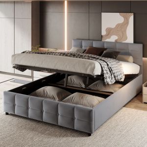 Lit coffre 180x200 cm, 2 places, avec rangement, Grille moderne, sommier à lattes en bois, cadre en métal, lit capitonné en velours néerlandais - Gris