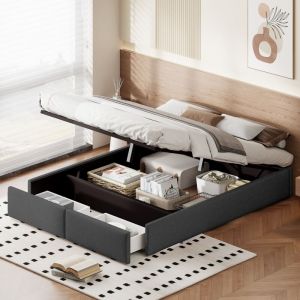 Lit coffre 140x190 cm, avec hydraulique de rangement, 2 tiroirs, sommier à lattes en bois, cadre en métal, lit capitonné en lin - Gris