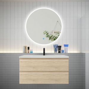 Aica Sanitaire - aica Ensemble meuble vasque L.99cm 2 tiroirs + lavabo + led miroir rond 90cm ch&ecirc;ne easy