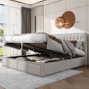 140 x 200 cm lit coffre avec sommier, lit hydraulique avec rangement, lit 2 personnes avec tête de lit capitonné, Décor boutons + rivets, lit 140x200