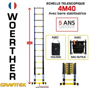 Woerther - EcheEscabeau pliant 1m80 + Sac à outils, escabeau 5 marches, Echelle pliante Aluminium, Echelle télescopique, qualité supérieure, garantie