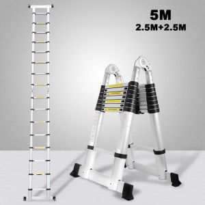 Wolketon Echelle t&eacute;lescopique Alu Argent Echelle pliante 2.5M+2.5M A Echelle &agrave; cadre avec barre d'appui Echelle en aluminium Extensible Echelle