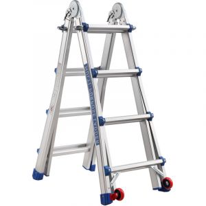 &Eacute;chelle T&eacute;lescopique Articul&eacute;e en Aluminium 4 M TEENO, Escalier Articul&eacute; Pliable T&eacute;lescopique Escabeau 4 x 4 Marches avec D&eacute;tachable Roues, Structure