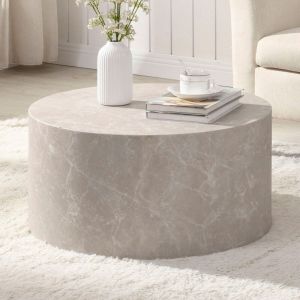 Table basse ronde 60x30 cm avec papier d&eacute;cor effet marbre beige