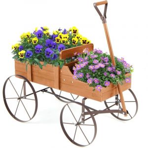 Brouette D&eacute;corative en Bois avec 4 Roues en M&eacute;tal, Chariot &agrave; Fleurs avec Capacit&eacute; de Charge Jusqu'&agrave; 15 kg, Bac &agrave; Fleurs pour Jardin Balcon Terrasse,