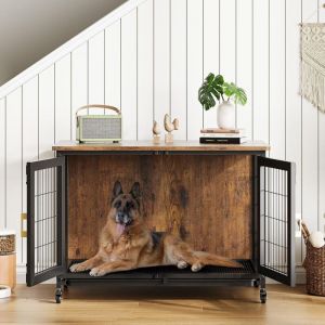 Lunsy &ndash; Cage pour chien en bois 95x56x65cm &ndash; Double porte &ndash; Cadre en acier au carbone &ndash; Plateau amovible &ndash; Pour chiens jusqu'&agrave; 30kg