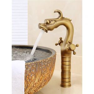 Robinet de Salle de Bain de Lavabo Haut en Laiton Antique, Double Poign&eacute;e Mitigeur de Lavabo Bronze Vintage, R&eacute;tro T&ecirc;te de Dragon Robinets de Lavabo