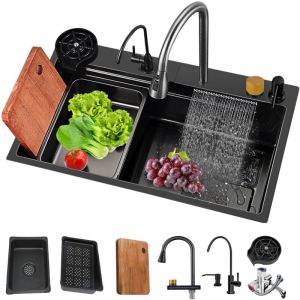 Sjlerst - vier de Cuisine Cascade Multifonctionne Evier Cuisine 1 Bac 80 x 45 cm, Robinetterie Extractible Rinceuse en Verre Evier à Poser avec Trous