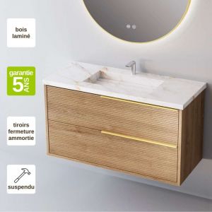 Meuble de salle de bain plan vasque Grès Cérame Blanc Storm, 2 Tiroirs Chêne Naturel, Poignée Or, l80xh54xp45, Effet 3D, listello