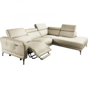 Canap&eacute; d'angle relax en 100% tout cuir &eacute;pais de luxe italien avec relax &eacute;lectrique, 5/6 places DALI, blanc cass&eacute;, angle droit