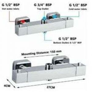 Mitigeur de douche monobloc, mitigeur thermostatique de douche &agrave; 2 sorties, sortie sup&eacute;rieure 3/4 (26,4mm) et sortie inf&eacute;rieure 1/2 (21mm), carr&eacute;,