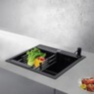 &Eacute;vier de cuisine, rectangulaire, en granit, noir, 40 &times; 45 cm, petit, avec trous pour robinet, 1 bac en acier inoxydable