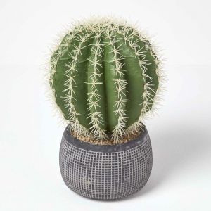 Homescapes - Cactus artificiel 'Echinocactus Grusonii' en pot en ciment sculpté 38 cm