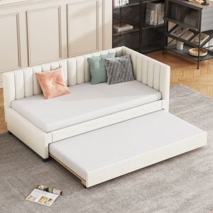 Lit gigogne capitonné 90x200cm - canapé lit gigogne, sommier à lattes,lits jeunesse, lits enfant, lits d'appoint, velours - Beige