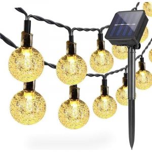 Guirlande solaire, guirlande lumineuse solaire, 12 m&egrave;tres 100 LED, boule de cristal, lumi&egrave;res d&eacute;coratives de vacances (lumi&egrave;re blanche chaude)