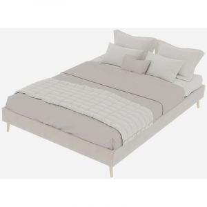 Lit adulte 160x200 cm, cadre de lit capitonn&eacute; sans t&ecirc;te de lit, sommier &agrave; lattes, 4 pieds, structure velours, sans matelas, beige