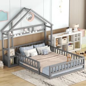 Lit cabane 140 x 200 cm - avec barrière de sécurité, 1 chevet, lit enfant plat à barrières, sommier à lattes, lit simple au design Moderne, bois