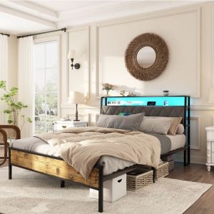 Lit 140x190 cm en lin gris avec sommier, lit coffre avec éclairage LED et ports USB, lit double adulte moderne avec rangement, lit 2 personnes,