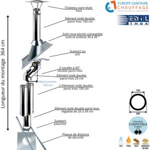 Kit conduit double paroi isol&eacute; d&eacute;voiement sortie toiture Ediliso25 Edilinox Diam&egrave;tre 150 Version D&eacute;port : 25.9 cm Longueur 364 cm