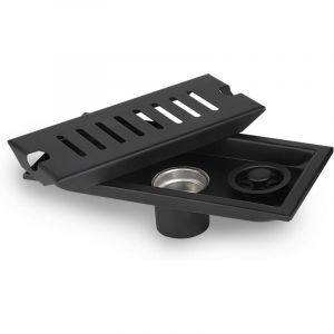 Siphon de Sol Rectangulaire, 20x10cm Grille Gouche Anti Cheveux, Noir Caniveau de Bonde Douche, Siphon de Sol Douche avec Double Filtre, Détachable