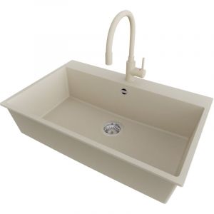 PRIMAGRAN Evier Cuisine en Granit 78x50cm,Lavabo 1 bac + Robinet 38x14cm + Kit de Vidage, &Eacute;vier &agrave; Encastrer au meuble 80cm - Riga, Beige