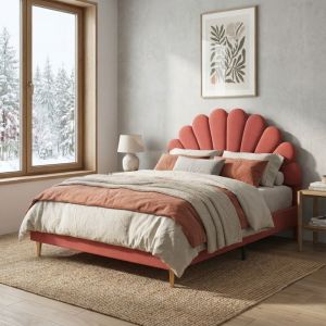 Lit adulte 140x200 avec sommier, lit double capitonn&eacute; avec t&ecirc;te de lit coquillage, pieds en m&eacute;tal dor&eacute;, cadre bois et m&eacute;tal, velours, style moderne,