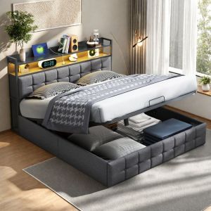 Lit coffre 140 x 190 cm, lit 140x190 avec sommier, lit adulte avec port USB et LED, cadre de lit, avec tete de lit, Gris, lin