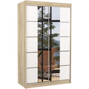 Les Tendances - Petite armoire design de chambre &agrave; coucher 2 portes coulissantes naturel et blanc avec miroir Kinzo 120cm