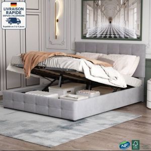 Modfu - Lit coffre 140x200cm, tête de lit réglable en hauteur, lit adulte, velours, lit double sans matelas, gris