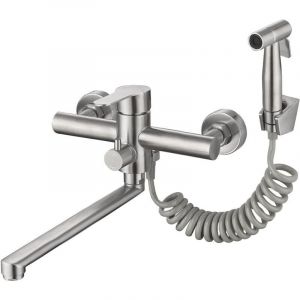Ulisem Robinet de cuisine mural en nickel bross&eacute; avec douchette lat&eacute;rale - Mitigeur d'&eacute;vier utilitaire de qualit&eacute; commerciale, sans plomb, bec de 12