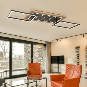 Globo - Plafonnier led noir salle &agrave; manger lampe de salon aspect bois, cadre led pivotant 3 niveaux d'&eacute;clairage, m&eacute;tal, 48W 2100lm 3000K, l 96cm